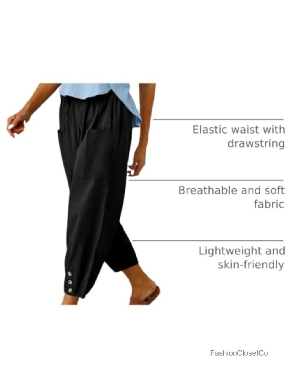 100% Cotton Elastic Waist Drawstring Capri Pants with Pockets - Picture 3 of 6